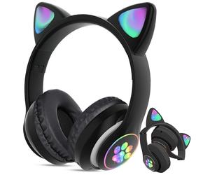Casque sans fil à LED noir avec oreilles de chat + microphone
