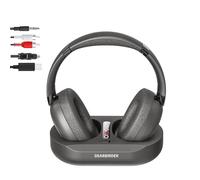 Casque TV sans fil avec double mode 2.4G RF et Bluetooth 5.3, casque sans fil Over-Ear pour regarder la télévision avec base émetteur, pas de retard audio, potentialisation du volume pour personnes