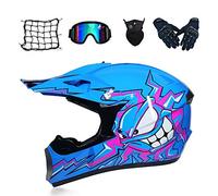 Casque VTT Integral, Casque Motocross Enfant - Bleu/ Cartoon - Doublure Amovible, Casque Moto Cross Set Casque BMX Quad Enduro ATV Scooter avec Goggle/ Gants/ Masque/ Filet à Elastique,L