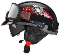 Casques Casquette De Crâne Allemand Scooter Demi Casque avec Lunettes Casques de Cyclomoteur Ouverte avec Bluetooth, Homologué ECE Casques Bol, Homme Femme Rétro Casque Jet