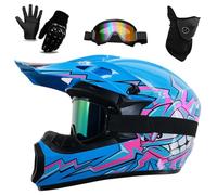 Casques de Motocross pour Adolescents - LéGers Et VentiléS, IntéGraux, Ensemble de 4 PièCes avec Gants, Lunettes Et Masque pour Les 5-14 Ans, HomologuéS Dot pour Motocross(226 Blue,L(57-58CM))