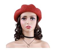Casquette avec Cheveux Extension de cheveux courts synthétiques vague naturelle chapeau bouclé perruques bonnet tricoté mode chapeau chaud perruque de fête quotidienne Bonnet de Perruque(Red Hat)