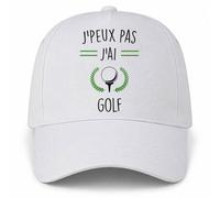 Casquette Blanche J'peux pas j'ai golf | Balle Laurier Vert | 5 Panneaux Polyester Recyclé 210 g/m² Taille Unique Réglable | Boucle Métal Œillets Brodés | Cadeau Golfeur Golfeuse Anniversaire Noël