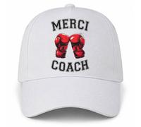 Casquette Blanche Merci Coach | Gants de Boxe Rouges | 5 Panneaux Polyester Recyclé 210 g/m² Taille Unique Réglable | Boucle Métal Œillets Brodés | Cadeau Boxe Anniversaire Noël