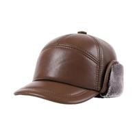 Casquette de Baseball d'hiver en Cuir pour Homme avec Cache-Oreilles, Chapeau Thermique Plat et Chaud, Trappeur Militaire adapté aux Personnes d'âge Moyen âgées,Marron,XXL