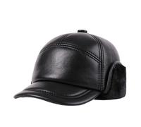 Casquette de Baseball d'hiver en Cuir pour Homme avec Cache-Oreilles, Chapeau Thermique Plat et Chaud, Trappeur Militaire adapté aux Personnes d'âge Moyen âgées,Noir,XXL