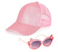 Casquette de Baseball pour Fille Lunettes de Soleil Enfant, Chapeau Queue de Cheval à Paillettes Casquette Snapback Réglable Chapeau Soleil D'été pour Le Sport et La Plage Rose