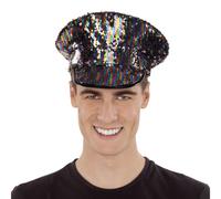 Casquette De Police Noir Avec Paillettes Arc-En-Ciel Multicolore