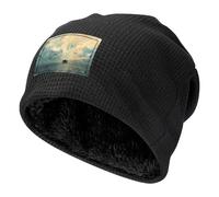 Casquette de ski imprimée « Boat on The Horizon » - Noir - Chaud, capuche buffet doublée en polaire épaisse, bonnet tricoté élastique, Noir/blanc, taille unique