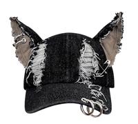 Casquette France à oreilles de chat pour femme, chapeau de camionneur à anneau, casquette de baseball en denim vieilli punk foncé, chapeau esthétique Béret Supporter France (Black, One Size)