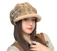 Casquette Gavroche Vintage À Carreaux Chapeau Octogonal Doublé Peluche Hiver Femme Bérets Français Chapeau Chaud Et Tendance Pour Conducteur, Chapeau De Peintre(Light Khaki)