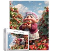 Casse-tête de 1 000 pièces Happy Grandma in The Strawberry Field pour adultes - Fond pastoral coloré pour décoration de la maison, cadeaux, puzzle familial parfait pour les soirées de jeu - 50 x 70 cm