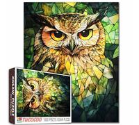 Casse-tête de 1000 pièces pour adultes - Hibou vert en panneau dur - Puzzle stimulant parfait pour les soirées de jeu - Décoration murale d'intérieur - Puzzles d'art colorés en verre teinté chouette -
