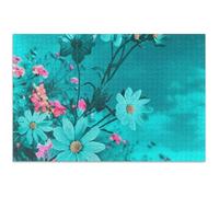 Casse-tête de 500 pièces à fleurs roses sarcelle pour adultes - Art coloré - Puzzle personnalisé et amusant - Éléphants blancs - Cadeaux - 50,5 x 37,9 cm