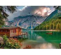Casse-tête de cabine du lac alpin de 1000 pièces, puzzle panoramique de montagne et émeraude avec affiche, 50,8 x 71,1 cm, puzzle d'art naturel pour adultes en famille, cadeau unique pour les amateurs
