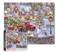 Casse-tête de Noël pour adultes, camion rouge, puzzle ville de Noël de 1 000 pièces pour adultes, cadeau pour adultes, fête de Noël, puzzle difficile pour adultes et familles qui s'assemblent