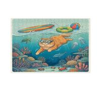 Casse-tête de plongée en forme de chat de l'océan Perses pour adultes - Puzzle d'été en bois de 300 pièces - Motif côtier - Décoration sous-marine pour divertissement à la maison