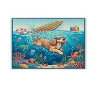 Casse-tête de plongée en forme de chien cocker de l'océan pour adultes - Puzzle d'été en bois côtier - 300 pièces - Décorations sous-marines pour divertissement à domicile