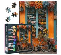 Casse-tête de qualité supérieure pour adultes - Boutique de fleurs confortable avec vélo garé à l'avant, puzzles pour adultes de 1000 pièces, art du bâtiment orange vif (69,8 x 50 cm)