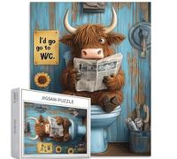 Casse-tête de vache écossaise des Highlands assise sur le siège des toilettes et lisant le journal pour adultes - Casse-tête coloré à faire soi-même pour décoration de la maison, cadeaux - Puzzle