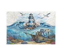 Casse-tête nautique russe bleu de l'océan pour adultes - 1000 pièces - Phare de mer d'été en bois imprimé - Motif sous-marin - Décoration pour divertissement à domicile