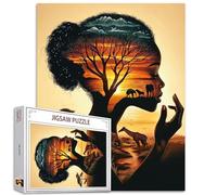 Casse-tête Noir de 1000 pièces pour Adultes, familles (Femme Africaine, éléphant, Girafe, Arbre de Vie) pièces Qui s'emboîtent Parfaitement Ensemble 50 x 70 cm Afro-Américaine Puzzle Magique à