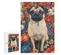 Casse-tête pour Adolescents 1000 PCS Pug in A Flower Field Pug Surrounded by Blooms Dog Wall Art Print Casse-tête pour Adultes, Jeu De Réflexion, Décoration Intérieure, Cadeaux Anti-Stress 1000 PCS