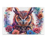 Casse-tête pour adulte de 1 000 pièces - Cadeau unique - Jeu d'art - Hibou - Fleurs colorées - Plumes - 75 x 50 cm