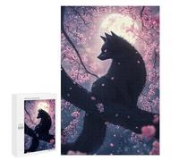 Casse-tête pour Adultes 1000 PCS Japanese Black Fox Kitsune Cat in Cherry Blossoms Casse-tête pour Adultes, Jeu De Réflexion Difficile, Idéal comme Cadeau 1000 PCS