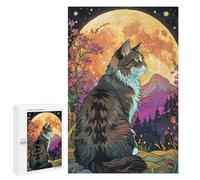Casse-tête pour Adultes 1000 PCS Norwegian Forest Cat Full Moon Casse-tête pour Adultes, Jeu De Réflexion Difficile, Idéal comme Cadeau 1000 PCS