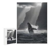 Casse-tête pour Adultes 500 PCS Breaching Whale at Coastal Cliffs in Black and White Casse-tête pour Adultes, Jeu De Réflexion Difficile, Idéal comme Cadeau 500 PCS