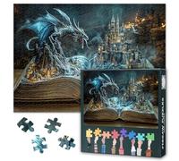 Casse-tête pour adultes de 1000 pièces - Puzzle d'aventure épique Dragon et château dans un livre de fantaisie - Puzzle difficile à fond sombre - Décoration murale pour chambre à coucher (69,8 x 50 cm