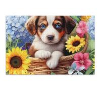 Casse-tête pour adultes de 500 pièces - Chiot mignon - Panier bleu - Fleurs - Puzzle amusant - Cadeau difficile - Peinture animale - 52,1 x 37,9 cm