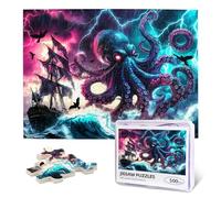 Casse-tête pour adultes de 500 pièces, pieuvre, bateau pirate, océan, mer - Puzzle en bois pour adultes - Poulpe bleu foncé - Puzzle en bois pour la famille et les amis - Activités amusantes