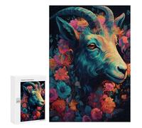 Casse-têtes pour Adolescents 300 PCS Colorful Floral Goat Art Print Casse-têtes pour Adolescents Défi Difficile Entraînez Votre Cerveau Et Vos Mains Casse-tête Jeux Familiaux 300 PCS