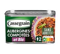 CASSEGRAIN - Aubergines Compotées & Blé - Huile d'Olive Vierge Extra 1,1% - Sans Additif - Nutri-Score A - Emballage 100% Recyclable - Boîte de Conserve de 375 g