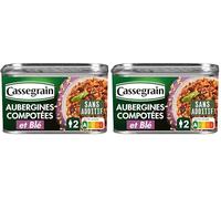 CASSEGRAIN - Aubergines Compotées & Blé - Huile d'Olive Vierge Extra 1,1% - Sans Additif - Nutri-Score A - Emballage 100% Recyclable - Boîte de Conserve de 375 g (Lot de 2)