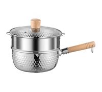 Casserole En Acier Inoxydable Avec Cuiseur Vapeur, 304 De Qualité Alimentaire, À Lait, Petite Marmite Japonaise Traditionnelle Manche Bois Et Deux Becs Latéraux(7.8 inches)