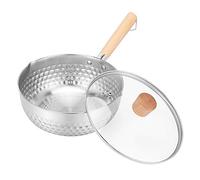 Casserole en acier inoxydable, marmite traditionnelle japonaise martelée, casserole à lait avec manche bois et couvercle verre(20cm/7.9in)