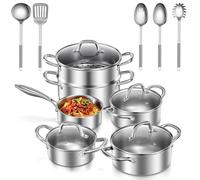 Casserole Inox, 15-Pièces Batterie de Cuisine pour Induction, batterie casserole induction Non Revêtue Avec Insert à Vapeur, Lot Casserole Inox Compatible Toutes Types de Cuiseurs