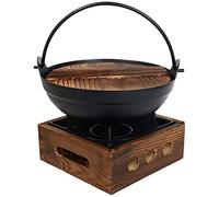 Casserole Sukiyaki en fonte antiadhésive avec couvercle en bois et cuisinière pour nouilles, ramen, soupe - Poignée unique de 24 cm