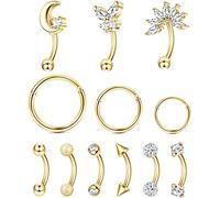 CASSIECA 12pcs 16G Rook Piercing Bijoux Sourcils Anneaux en Acier Inoxydable Ventre Anneau De Lèvres Cartilage Cerceau Rook Daith Boucles d'oreilles Tragus CZ Corps Piercing Barbell Courbé