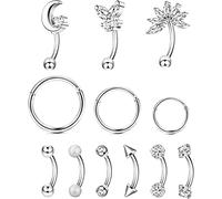 CASSIECA 12pcs 16G Rook Piercing Bijoux Sourcils Anneaux en Acier Inoxydable Ventre Anneau De Lèvres Cartilage Cerceau Rook Daith Boucles d'oreilles Tragus CZ Corps Piercing Barbell Courbé