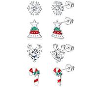 CASSIECA 4 Paires 925 Sterling Silver Boucles d'Oreilles Noël pour Femmes Filles - Clou Hypoallergénique Sapin, Wapiti, Cerf, Bonhomme de Neige, Candy - Cadeau de Noël