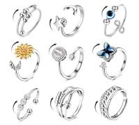 CASSIECA 9 Pièces Spinner Ring Femmes Anneau de Spinner Ouverts Réglables Empilables Zirkonia Planète Tournesol Fleurs Bague 'Tu Es Mon Soleil' Tournoyer Anneaux Argent