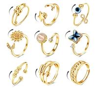 CASSIECA 9 Pièces Spinner Ring Femmes Anneau Ouvert Réglable Empilable Zirkonia Planète Tournesol Fleurs 'Tu Es Mon Soleil' Bague Tournoyer Or