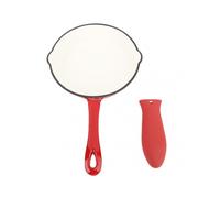 Cast Iron Enamel Skillet Frying Pan Non-Stick Long Handle Cookware 20cm Easy to Clean Heat Distribution Durable Red Adjustable Silicone Handle for Kit