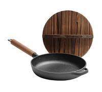 Cast Iron Skillet - Wooden Handle Pan with Lid for Cooking & Camping