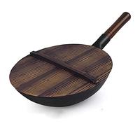 Cast Iron Wok with Wooden Lid, Woks & Stir-Fry Pans, Nonstick Fry Wok Cooking Wok Pan No Chemical Stir Fry Pan, Chinese Hand Hammered Iron Woks Stir Fry Pans, Earless,32