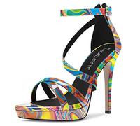 Castamere Femmes Aiguille Haut High Plate-forme Talon Heel Ouvert Bout Lanières Cheville Sandales Fermeture à Glissière Party 12 CM Heels Graffiti coloré 45 EU